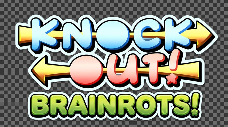 remove the penguins in this image, also instead of it just spelling out: KNOCKOUT! it should spell out: KNOCKOUT BRAINROTS! also make the BG transparent