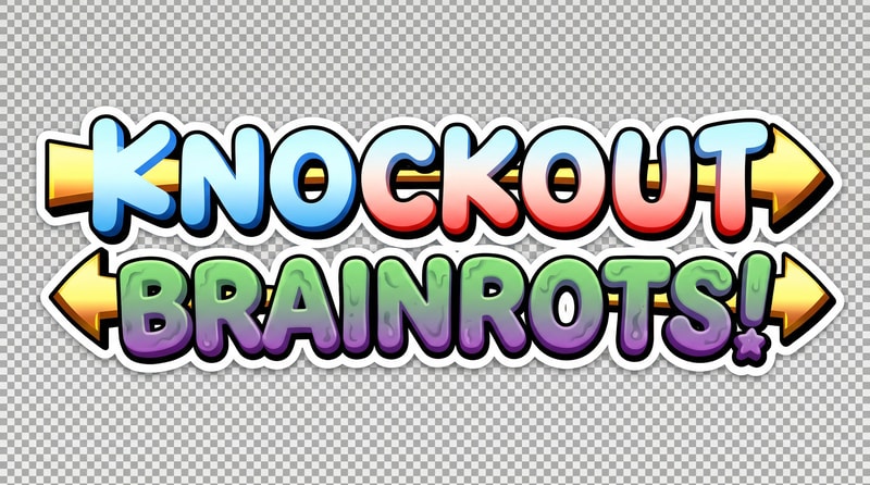 remove the penguins in this image, also instead of it just spelling out: KNOCKOUT! it should spell out: KNOCKOUT BRAINROTS! also make the BG transparent