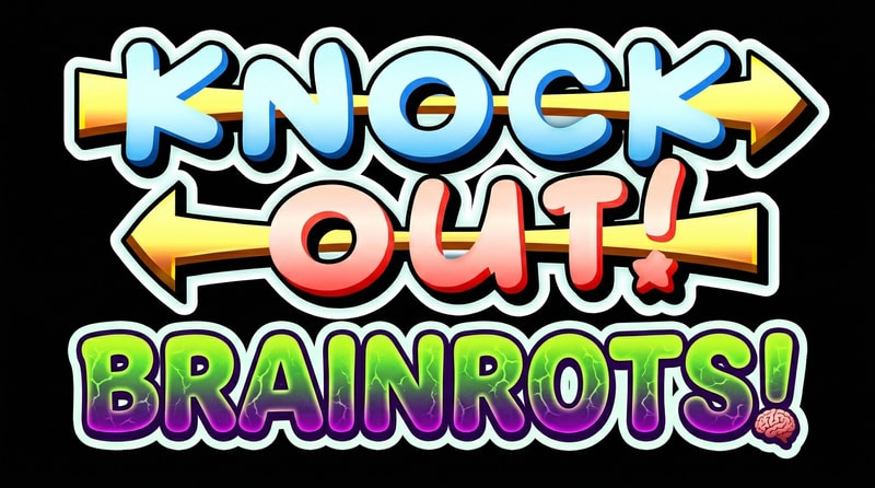 remove the penguins in this image, also instead of it just spelling out: KNOCKOUT! it should spell out: KNOCKOUT BRAINROTS! also make the BG transparent