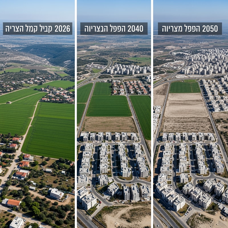 A triptych documenting the progressive reduction of a fertile agricultural field in Israel across the years 2026, 2040, and 2050 — Three equal vertical panels arranged side-by-side in a horizontal layout, featuring a consistent high-angle drone perspective to highlight the shifting land use. — Transitions from vibrant, lush greens in the first panel to dusty earth tones and gray concrete infrastructure in the subsequent panels. — Uniform, bright midday sun with clear skies to provide clinical clarity for a geographic study. — Photorealistic aerial photography with sharp details and a clean, documentary aesthetic for an educational presentation. — The green agricultural field must shrink progressively, being largest in 2026, reduced by half by encroaching houses in 2040, and appearing as a minimal remnant surrounded by urban development in 2050; the first panel must include the text "שדה בישראל בשנת 2026", the second panel "שדה בישראל בשנת 2040", and the third panel "שדה בשנת 2050"; keep text/logos/labels EXACTLY unchanged; no rewriting, redrawing, correcting, or adding any text. — A rural Israeli landscape with Mediterranean vegetation and rolling limestone hills in the distance.ike from each years the field get smaller and in the space without the field will be houses