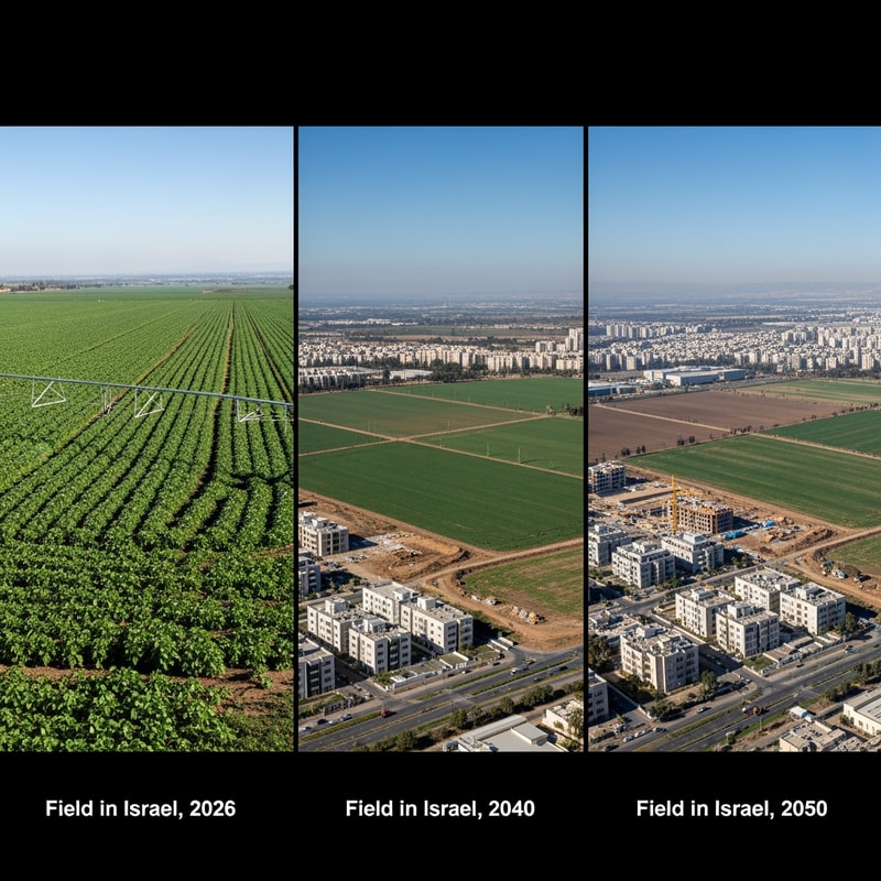 יש לי עבודה בגאוגרפיה אני צריך שתיצור לי שלוש תמונות אחד ליד השני בתמונה הראשונב ביב כתוב שדה בישראל בשנת 2026 ובדה השני תכתוב שדה בישראל בשת 2040 ובתמונההשלישיתתכתוב שדה בשנת 2050ובכל שנה תעשה את השדה יותר כתן כך ש2026 הוא הכי גדול