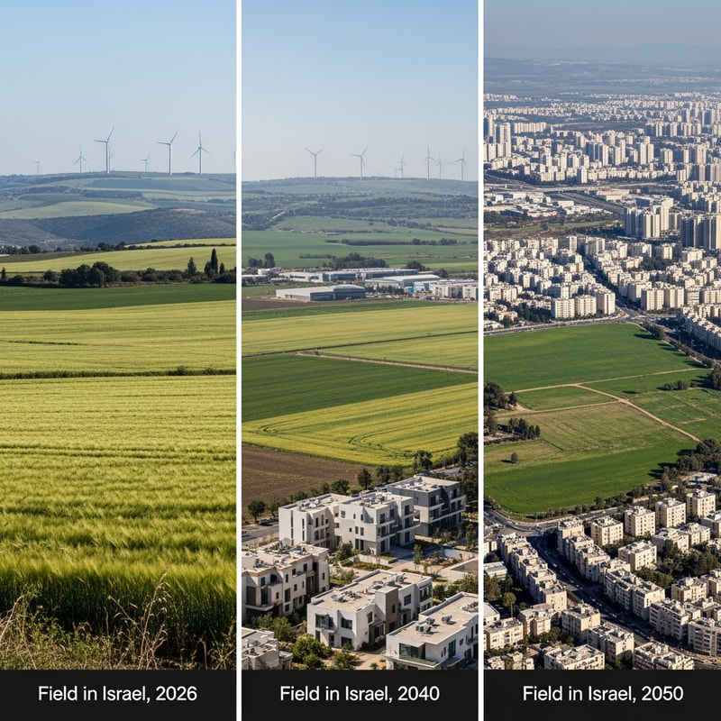 יש לי עבודה בגאוגרפיה אני צריך שתיצור לי שלוש תמונות אחד ליד השני בתמונה הראשונב ביב כתוב שדה בישראל בשנת 2026 ובדה השני תכתוב שדה בישראל בשת 2040 ובתמונההשלישיתתכתוב שדה בשנת 2050ובכל שנה תעשה את השדה יותר כתן כך ש2026 הוא הכי גדול