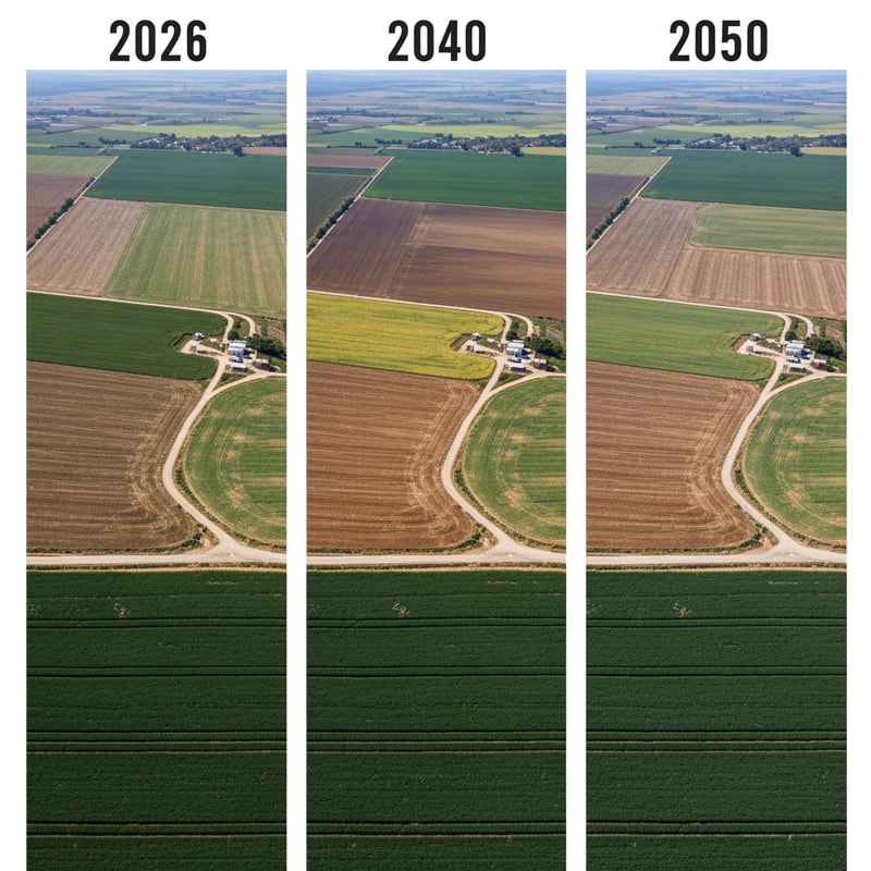A triptych showing the progressive reduction of an agricultural field in Israel across three different years: 2026, 2040, and 2050 — Three equal vertical panels arranged side-by-side in a horizontal layout, using a consistent high-angle drone perspective to highlight the shrinking surface area of the crops. — Vibrant greens for the expansive field in the first panel, transitioning to more earth tones and encroaching infrastructure in the subsequent panels. — Uniform, bright midday sun with clear skies to ensure the geographic changes are the primary focus. — Photorealistic aerial photography for an educational geography presentation. — The green field must be largest in 2026, אולי תחליף את השדה בבתיםmedium-sized in 2040, and smallest in 2050; the first panel must include the text "שדה בישראל בשנת 2026", the second panel "שדה בישראל בשנת 2040", and the third panel "שדה בשנת 2050"; keep text/logos/labels EXACTLY unchanged; no rewriting, redrawing, correcting, or adding any text. — A typical Israeli rural landscape featuring Mediterranean vegetation and rolling hills in the distance.