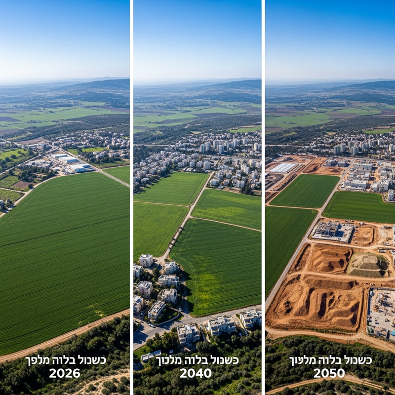 A triptych showing the progressive reduction of an agricultural field in Israel across three different years: 2026, 2040, and 2050 — Three equal vertical panels arranged side-by-side in a horizontal layout, using a consistent high-angle drone perspective to highlight the shrinking surface area of the crops. — Vibrant greens for the expansive field in the first panel, transitioning to more earth tones and encroaching infrastructure in the subsequent panels. — Uniform, bright midday sun with clear skies to ensure the geographic changes are the primary focus. — Photorealistic aerial photography for an educational geography presentation. — The green field must be largest in 2026, אולי תחליף את השדה בבתיםmedium-sized in 2040, and smallest in 2050; the first panel must include the text "שדה בישראל בשנת 2026", the second panel "שדה בישראל בשנת 2040", and the third panel "שדה בשנת 2050"; keep text/logos/labels EXACTLY unchanged; no rewriting, redrawing, correcting, or adding any text. — A typical Israeli rural landscape featuring Mediterranean vegetation and rolling hills in the distance.