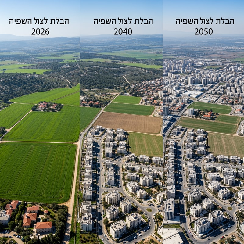 A triptych documenting the progressive reduction of a fertile agricultural field in Israel across the years 2026, 2040, and 2050 — Three equal vertical panels arranged side-by-side in a horizontal layout, featuring a consistent high-angle drone perspective to highlight the shifting land use. — Transitions from vibrant, lush greens in the first panel to dusty earth tones and gray concrete infrastructure in the subsequent panels. — Uniform, bright midday sun with clear skies to provide clinical clarity for a geographic study. — Photorealistic aerial photography with sharp details and a clean, documentary aesthetic for an educational presentation. — The green agricultural field must shrink progressively, being largest in 2026, reduced by half by encroaching houses in 2040, and appearing as a minimal remnant surrounded by urban development in 2050; the first panel must include the text "שדה בישראל בשנת 2026", the second panel "שדה בישראל בשנת 2040", and the third panel "שדה בשנת 2050"; keep text/logos/labels EXACTLY unchanged; no rewriting, redrawing, correcting, or adding any text. — A rural Israeli landscape with Mediterranean vegetation and rolling limestone hills in the distance.ike from each years the field get smaller and in the space without the field will be houses please write corcly at the titles