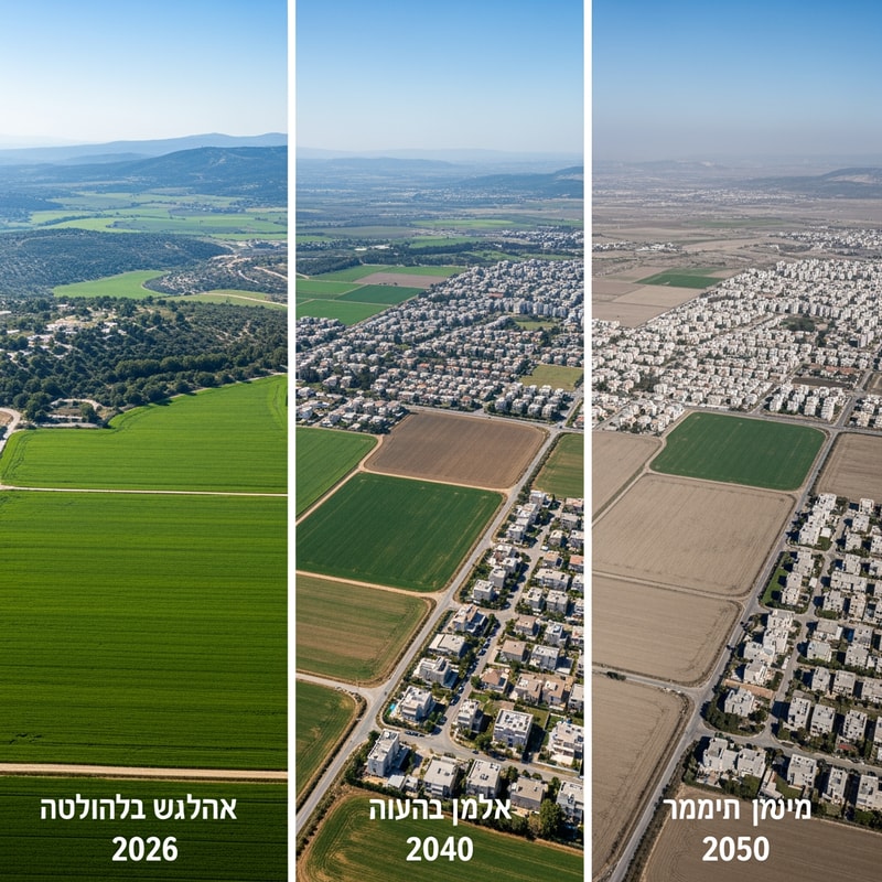 A triptych documenting the progressive reduction of a fertile agricultural field in Israel across the years 2026, 2040, and 2050 — Three equal vertical panels arranged side-by-side in a horizontal layout, featuring a consistent high-angle drone perspective to highlight the shifting land use. — Transitions from vibrant, lush greens in the first panel to dusty earth tones and gray concrete infrastructure in the subsequent panels. — Uniform, bright midday sun with clear skies to provide clinical clarity for a geographic study. — Photorealistic aerial photography with sharp details and a clean, documentary aesthetic for an educational presentation. — The green agricultural field must shrink progressively, being largest in 2026, reduced by half by encroaching houses in 2040, and appearing as a minimal remnant surrounded by urban development in 2050; the first panel must include the text "שדה בישראל בשנת 2026", the second panel "שדה בישראל בשנת 2040", and the third panel "שדה בשנת 2050"; keep text/logos/labels EXACTLY unchanged; no rewriting, redrawing, correcting, or adding any text. — A rural Israeli landscape with Mediterranean vegetation and rolling limestone hills in the distance.ike from each years the field get smaller and in the space without the field will be houses please write corcly at the titles תכתוב שדהבישראלבשנת 2026