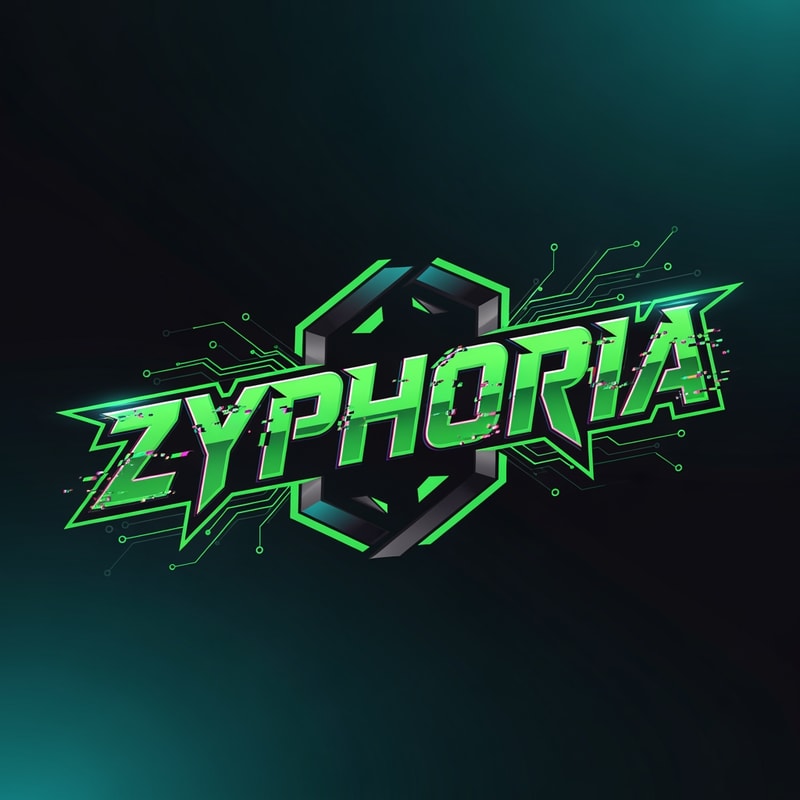 Design a futuristic esports gaming logo for a brand named “Zyphoria”. The logo should have a dark cyberpunk gaming aesthetic with neon green highlights and glowing elements. Use a bold modern tech font, slightly aggressive and angular to represent competitive gaming.

Include subtle digital circuit patterns, glitch effects, or energy lines around the text to give a high-tech gaming vibe. The logo should feel like it belongs in a professional esports platform or AAA gaming website.

Colors: neon green, black, dark teal, and subtle metallic accents.
Style: minimal but powerful, futuristic UI design similar to modern esports brands.
Lighting: neon glow, soft cyberpunk lighting.

Background: dark gradient or transparent so it can be used on a gaming website hero section.

The final logo should look clean, professional, and suitable for a gaming platform banner, favicon, and social media branding.