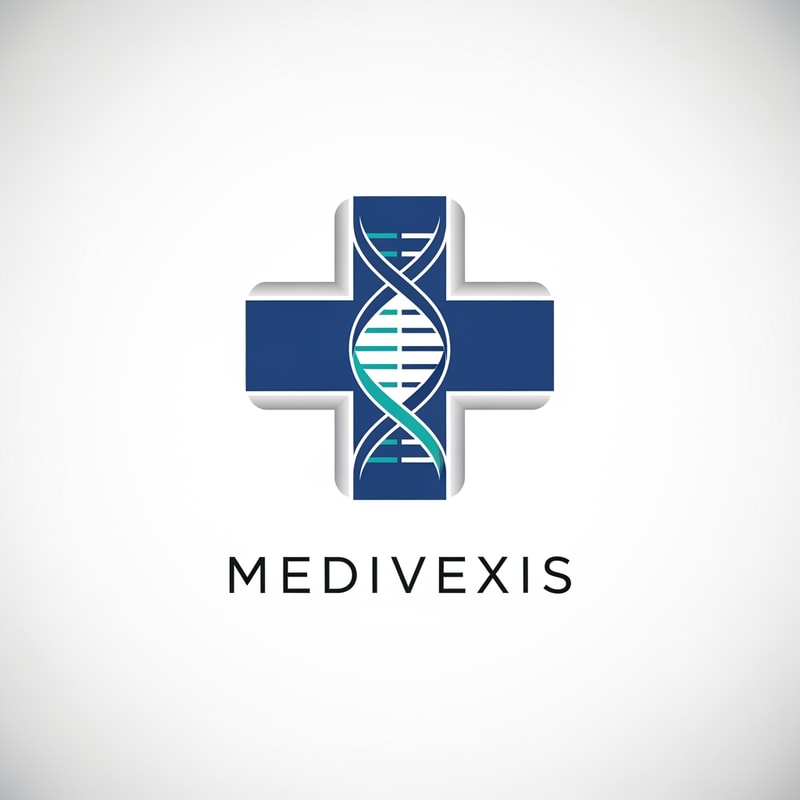 Design a premium and trustworthy logo for a healthcare brand named “Medivexis.” The logo should convey medical expertise, safety, trust, and innovation. Create a minimal modern symbol combining a medical cross and a DNA helix, representing advanced healthcare and science. Use clean geometric shapes and balanced symmetry to give a professional hospital-grade identity. Color palette should include deep medical blue, teal, and subtle silver accents to express reliability and premium quality. Typography should be modern sans-serif, elegant and readable, similar to professional healthcare brands. Style should be flat vector, minimal, high-end, corporate healthcare branding, white or soft gradient background, ultra clean, scalable, 4K resolution.