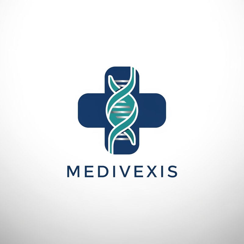 Design a premium and trustworthy logo for a healthcare brand named “Medivexis.” The logo should convey medical expertise, safety, trust, and innovation. Create a minimal modern symbol combining a medical cross and a DNA helix, representing advanced healthcare and science. Use clean geometric shapes and balanced symmetry to give a professional hospital-grade identity. Color palette should include deep medical blue, teal, and subtle silver accents to express reliability and premium quality. Typography should be modern sans-serif, elegant and readable, similar to professional healthcare brands. Style should be flat vector, minimal, high-end, corporate healthcare branding, white or soft gradient background, ultra clean, scalable, 4K resolution.