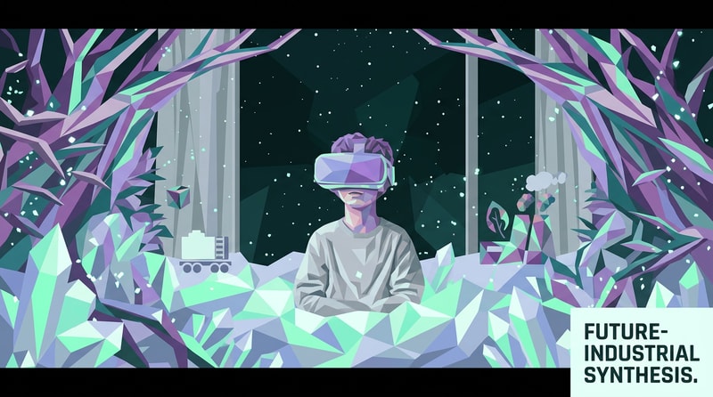 similar image with demo style

The attached image represents the overall artistic style and aesthetic. Use it as a reference for visual consistency and design language. Do not replicate these images directly, but capture the general artistic direction and style.

General color scheme includes: #8ca0dc, #dcdbdb, #a86fce, #1d3a38, #80ffc8