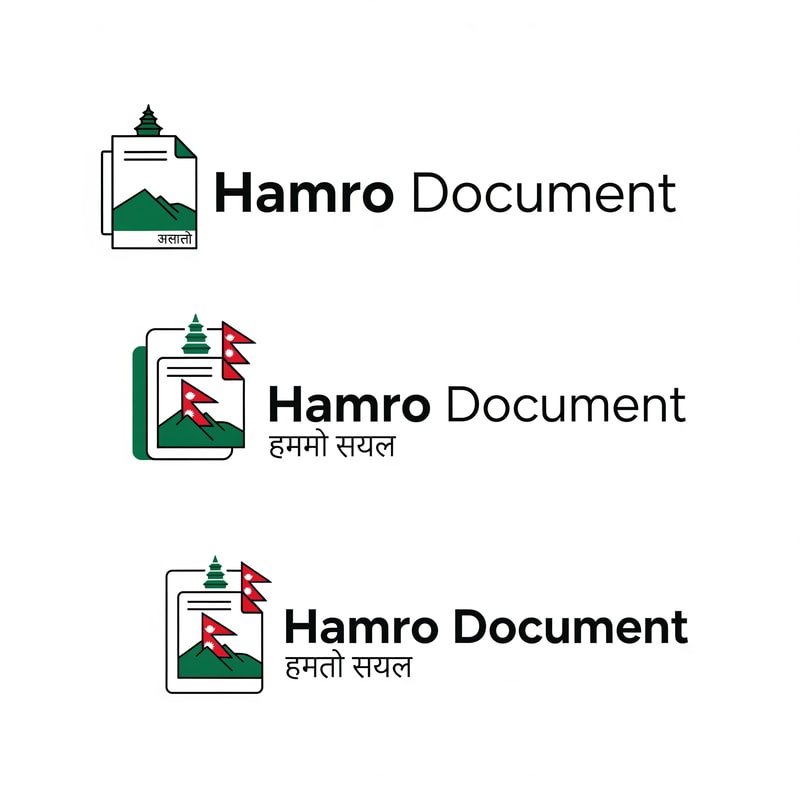 Design a modern, minimal, and professional logo for a digital document service company named “Hamro Document”.

The logo should represent trust, accessibility, and local Nepali identity. “Hamro” means “ours”, so the brand should feel community-focused, reliable, and user-friendly.

Create a clean logo with a strong icon and wordmark combination.

Icon concept:
Design a simple document/paper icon with a folded corner. Integrate a subtle Nepali cultural element into the icon such as:

a minimal pagoda-style roof shape at the top of the document OR
a simple mountain line inside the document OR
a small triangular accent inspired by the Nepal flag

Keep the icon minimal, geometric, and scalable. Avoid complex or detailed illustrations.

Typography:
Use a clean, modern sans-serif font for “Hamro Document”.
Make “Hamro” slightly more prominent than “Document”.
Optionally include a small Nepali text “हाम्रो डकुमेन्ट” below or beside the main text in a subtle and readable style.

Color style:
Use a green and white theme as primary colors:

Primary: Deep green (trust, growth)
Secondary: White
Accent: small red highlight inspired by Nepal flag

Keep colors minimal (2–3 colors max). Ensure the logo also works in black and white.

Style:

Minimal and modern
Flat design (no heavy gradients)
Clean spacing and balanced layout
Slightly friendly but still professional (not too corporate, not too playful)

Layout variations:
Create multiple versions:

Horizontal logo (icon left, text right)
Stacked logo (icon top, text below)
Icon-only version (for app/favicon)

Make sure the design is scalable and works well for:

Mobile apps
Web platforms
Official document branding

Avoid:

Overly decorative Nepali patterns
Complex illustrations
Too many colors
Hard-to-read fonts

The final result should feel like a trustworthy Nepali digital service brand, similar to a modern SaaS platform but with a subtle local identity.