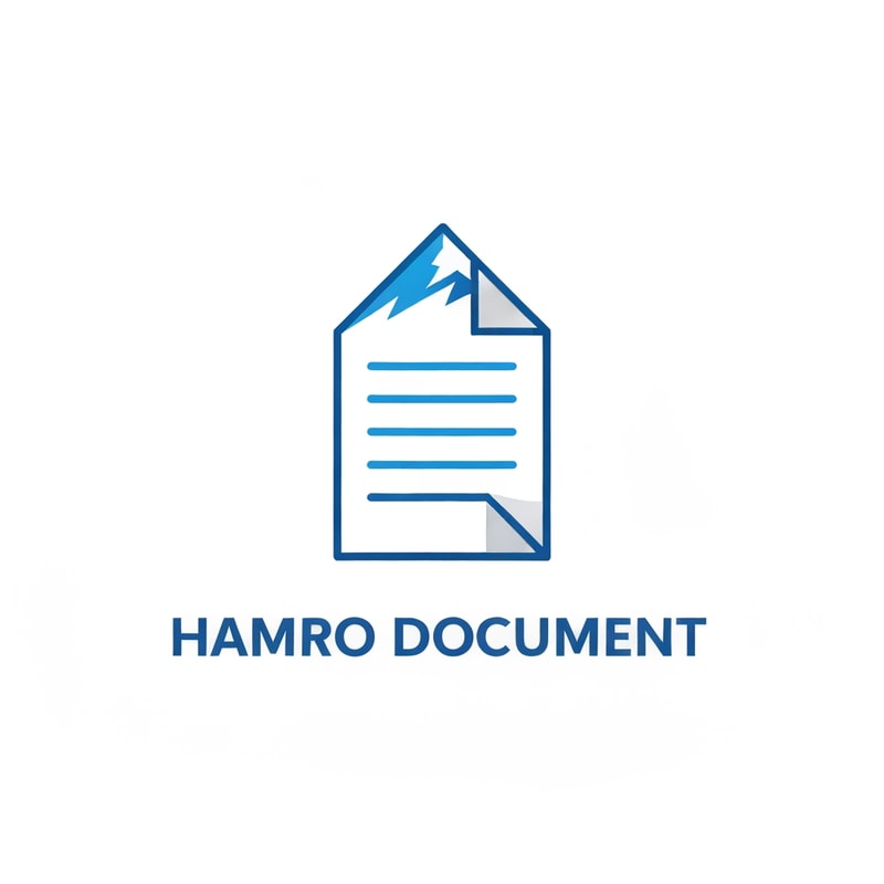 A minimalist, clean vector logo for a SaaS project called 'Hamro Document'. The central icon is a clean, modern blue and white paper document symbol. The top folded edge of the document subtly forms the sharp, iconic shape of a Himalayan mountain peak. Below the icon, the text 'Hamro Document' is displayed in a strong, modern sans-serif typeface, using a corporate blue color. The overall style is trustworthy, modern, and professional.