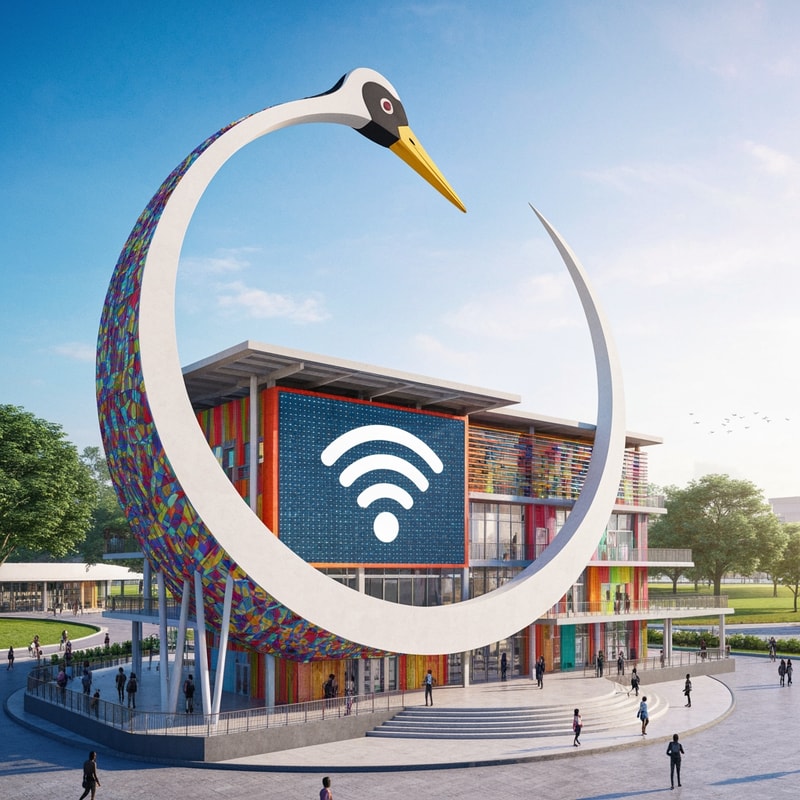 Aweil Social Center with crescent crane head in colors and wifi embem