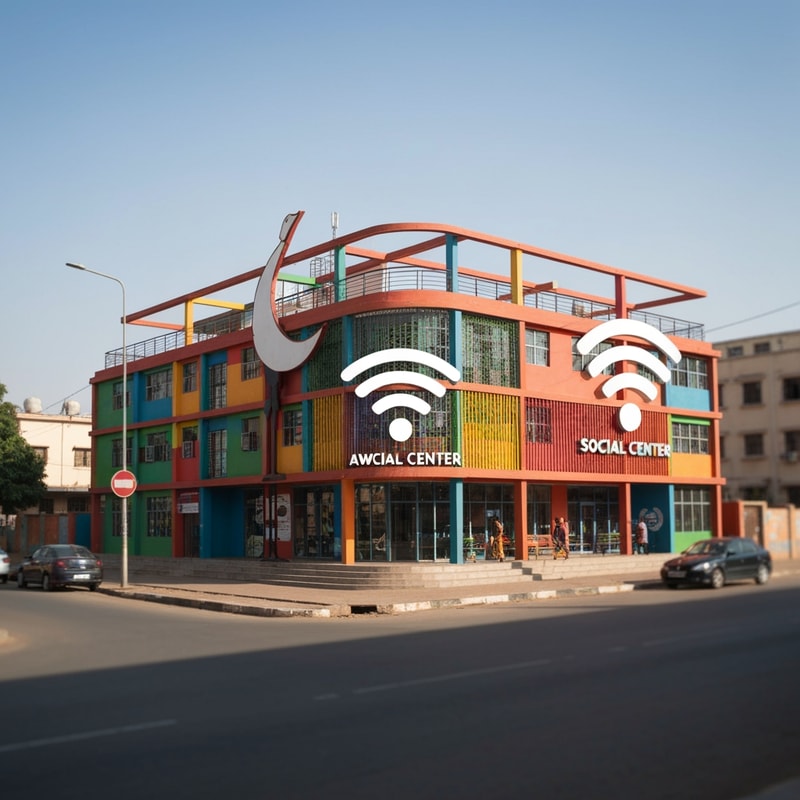Aweil Social Center with crescent crane in colors and wifi embem