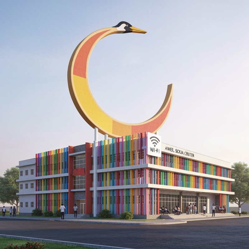 Aweil Social Center with crescent crane head in colors and wifi embem