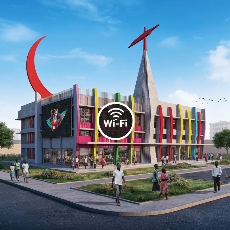 Aweil Social Center with crescent crane in colors and wifi embem