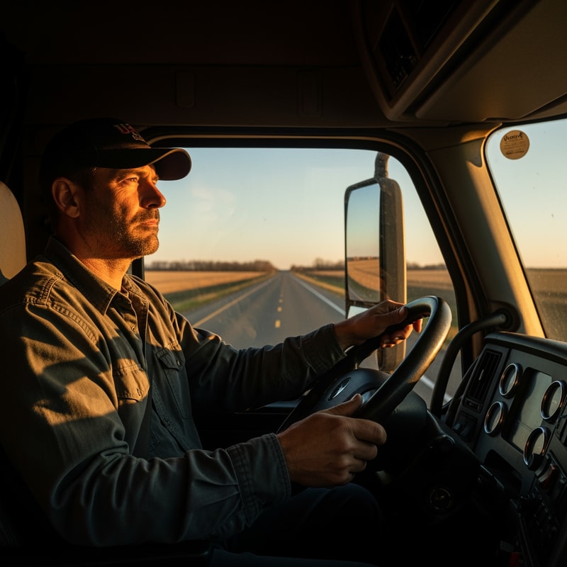 photorealistic, documentary style, natural lighting, real people, not staged, no stock photo look, cinematic, slightly grainy, shallow depth of field, authentic, emotional, no illustration, no cartoon. a professional truck driver driving a semi truck on an open highway at sunrise, warm golden light entering the cabin, realistic environment, hands on steering wheel, road stretching ahead, cinematic composition, sense of purpose and importance, USA trucking atmosphere, natural lighting, documentary photography style