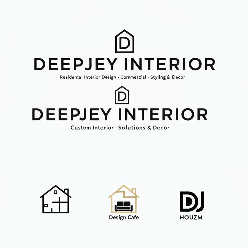 Design a premium, modern, and minimalistic logo for an interior design company named "DEEPJEY INTERIOR".

The company specializes in:
- Residential Interior Design
- Commercial Spaces
- Custom Interior Solutions
- Styling & Decor

Reference Brand Inspiration:
Take inspiration from the logo styles and branding of leading interior platforms such as:
- HomeLane (clean, bold, minimal typography)
- Livspace (modern, rounded, friendly yet professional look)
- Design Cafe (simple, geometric, structured design feel)
- Houzz (strong, recognizable, minimal icon-based branding)
- Wooden Street (combination of furniture + interior identity)

Logo Style Requirements:
- Clean, minimal, and professional design
- Strong brand identity with a modern architectural feel
- Primarily text-based logo with a subtle icon
- Balanced between creativity and corporate professionalism

Icon Concept Ideas (keep it simple and meaningful):
- Abstract house / room structure
- Floor plan or grid-based geometric layout
- Interior elements (sofa, wall frame, modular shapes)
- Monogram-based icon using "D", "DI", or "DJ" integrated into spatial design
- Use negative space creatively to represent interiors or rooms

Design Feel:
- Premium, elegant, and trustworthy
- Modern architectural and spatial design vibe
- Suitable for both high-end and mid-range clients
- Clean and visually balanced (not flashy or cluttered)

Color Palette:
- Primary: Black, Dark Grey, or Deep Blue
- Accent: Gold, Beige, or warm wood tones
- Optional: White background for clean presentation

Typography:
- Modern sans-serif font
- Slightly bold, clean, and highly readable
- Well-spaced letters for a premium feel
- Avoid decorative or script fonts

Layout Variations:
- Horizontal (icon + text)
- Vertical (icon above text)
- Monogram version (DI or DJ symbol only)

Additional Guidelines:
- Minimalistic and scalable design
- Works across website, mobile, social media, visiting cards, and hoardings
- Avoid gradients, overly complex shapes, or excessive details
- Focus on geometric balance and negative space

Mood Keywords:
Modern, Minimal, Elegant, Architectural, Spatial, Premium, Clean, Smart, Structured Design

Deliverables:
- Full logo (icon + text)
- Icon-only version
- Black & white version
- Transparent background version