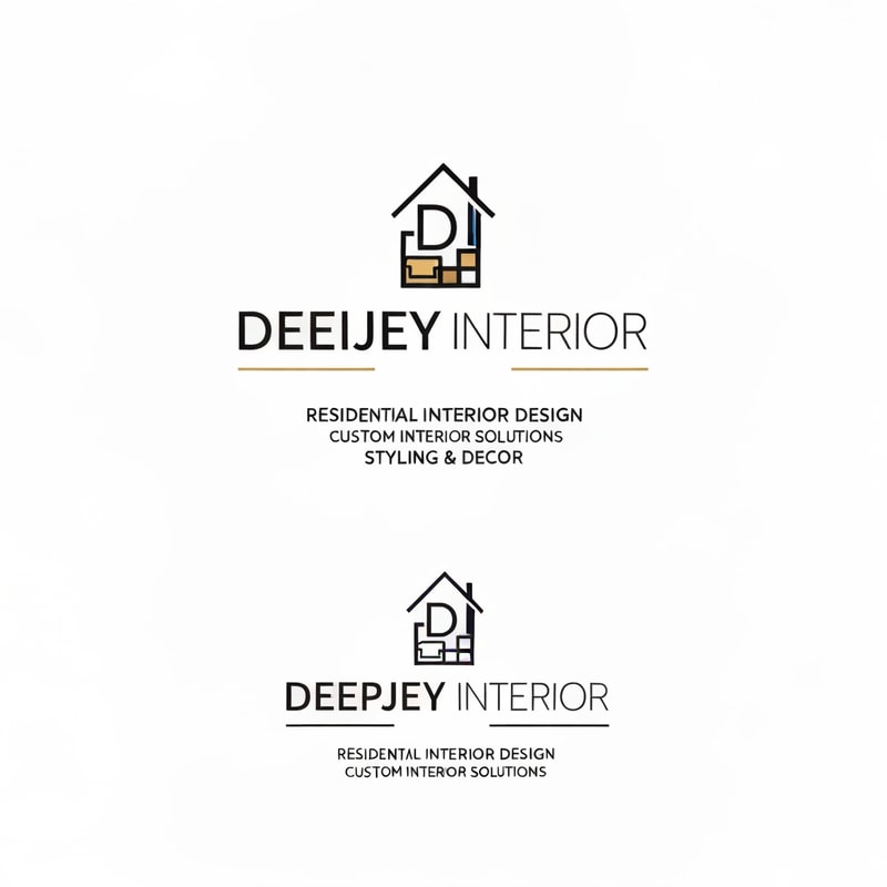 Design a premium, modern, and minimalistic logo for an interior design company named "DEEPJEY INTERIOR".

The company specializes in:
- Residential Interior Design
- Commercial Spaces
- Custom Interior Solutions
- Styling & Decor

Logo Style Requirements:
- Follow a clean, minimal, and professional style inspired by top interior brands like HomeLane, Livspace, Design Cafe, and Houzz
- Use a modern sans-serif font with a sleek, elegant feel
- The logo should be primarily text-based with a subtle, meaningful icon

Icon Concept Ideas (integrate subtly, not overly complex):
- Abstract house or room structure
- Geometric layout (floor plan / grid concept)
- Interior elements like sofa, wall frame, or modular space
- Letter-based icon using "D" or "DI" shaped like a space or structure

Design Feel:
- Premium, trustworthy, and sophisticated
- Should appeal to both middle-class and high-end clients
- Balanced between corporate and creative

Color Palette:
- Primary: Black / Dark Grey / Deep Blue (for professionalism)
- Accent: Gold / Beige / Warm Wood tone (for luxury feel)
- Optional: White background for clean presentation

Layout Variations:
- Horizontal logo (icon + text)
- Stacked version (icon above text)
- Monogram version (DI or DJ symbol)

Typography:
- Clean, modern, slightly bold sans-serif
- High readability, elegant spacing
- Avoid overly decorative fonts

Additional Guidelines:
- Keep the design simple and scalable (usable for website, mobile, visiting cards, and hoardings)
- Avoid clutter, gradients, or overly complex illustrations
- Focus on negative space and geometric balance

Mood Keywords:
Modern, Elegant, Minimal, Architectural, Spatial, Premium, Clean, Smart Design

Deliverables:
- Logo with icon + text
- Icon-only version
- Black & white version
- Transparent background version