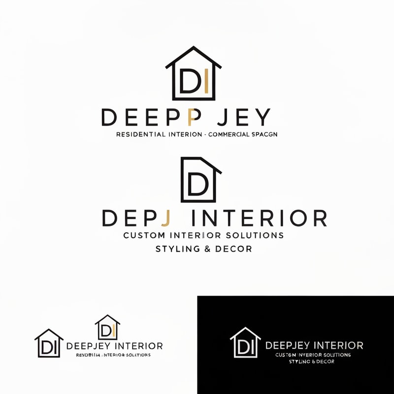 Design a premium, modern, and minimalistic logo for an interior design company named "DEEPJEY INTERIOR".

The company specializes in:
- Residential Interior Design
- Commercial Spaces
- Custom Interior Solutions
- Styling & Decor

Logo Style Requirements:
- Follow a clean, minimal, and professional style inspired by top interior brands like HomeLane, Livspace, Design Cafe, and Houzz
- Use a modern sans-serif font with a sleek, elegant feel
- The logo should be primarily text-based with a subtle, meaningful icon

Icon Concept Ideas (integrate subtly, not overly complex):
- Abstract house or room structure
- Geometric layout (floor plan / grid concept)
- Interior elements like sofa, wall frame, or modular space
- Letter-based icon using "D" or "DI" shaped like a space or structure

Design Feel:
- Premium, trustworthy, and sophisticated
- Should appeal to both middle-class and high-end clients
- Balanced between corporate and creative

Color Palette:
- Primary: Black / Dark Grey / Deep Blue (for professionalism)
- Accent: Gold / Beige / Warm Wood tone (for luxury feel)
- Optional: White background for clean presentation

Layout Variations:
- Horizontal logo (icon + text)
- Stacked version (icon above text)
- Monogram version (DI or DJ symbol)

Typography:
- Clean, modern, slightly bold sans-serif
- High readability, elegant spacing
- Avoid overly decorative fonts

Additional Guidelines:
- Keep the design simple and scalable (usable for website, mobile, visiting cards, and hoardings)
- Avoid clutter, gradients, or overly complex illustrations
- Focus on negative space and geometric balance

Mood Keywords:
Modern, Elegant, Minimal, Architectural, Spatial, Premium, Clean, Smart Design

Deliverables:
- Logo with icon + text
- Icon-only version
- Black & white version
- Transparent background version