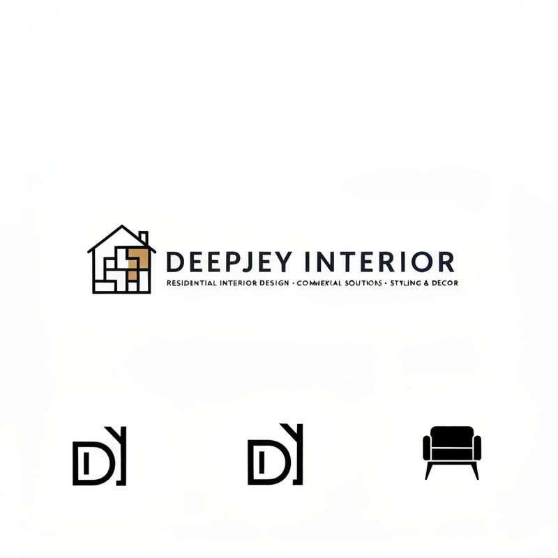 Design a premium, modern, and minimalistic logo for an interior design company named "DEEPJEY INTERIOR".

The company specializes in:
- Residential Interior Design
- Commercial Spaces
- Custom Interior Solutions
- Styling & Decor

Logo Style Requirements:
- Follow a clean, minimal, and professional style inspired by top interior brands like HomeLane, Livspace, Design Cafe, and Houzz
- Use a modern sans-serif font with a sleek, elegant feel
- The logo should be primarily text-based with a subtle, meaningful icon

Icon Concept Ideas (integrate subtly, not overly complex):
- Abstract house or room structure
- Geometric layout (floor plan / grid concept)
- Interior elements like sofa, wall frame, or modular space
- Letter-based icon using "D" or "DI" shaped like a space or structure

Design Feel:
- Premium, trustworthy, and sophisticated
- Should appeal to both middle-class and high-end clients
- Balanced between corporate and creative

Color Palette:
- Primary: Black / Dark Grey / Deep Blue (for professionalism)
- Accent: Gold / Beige / Warm Wood tone (for luxury feel)
- Optional: White background for clean presentation

Layout Variations:
- Horizontal logo (icon + text)
- Stacked version (icon above text)
- Monogram version (DI or DJ symbol)

Typography:
- Clean, modern, slightly bold sans-serif
- High readability, elegant spacing
- Avoid overly decorative fonts

Additional Guidelines:
- Keep the design simple and scalable (usable for website, mobile, visiting cards, and hoardings)
- Avoid clutter, gradients, or overly complex illustrations
- Focus on negative space and geometric balance

Mood Keywords:
Modern, Elegant, Minimal, Architectural, Spatial, Premium, Clean, Smart Design

Deliverables:
- Logo with icon + text
- Icon-only version
- Black & white version
- Transparent background version