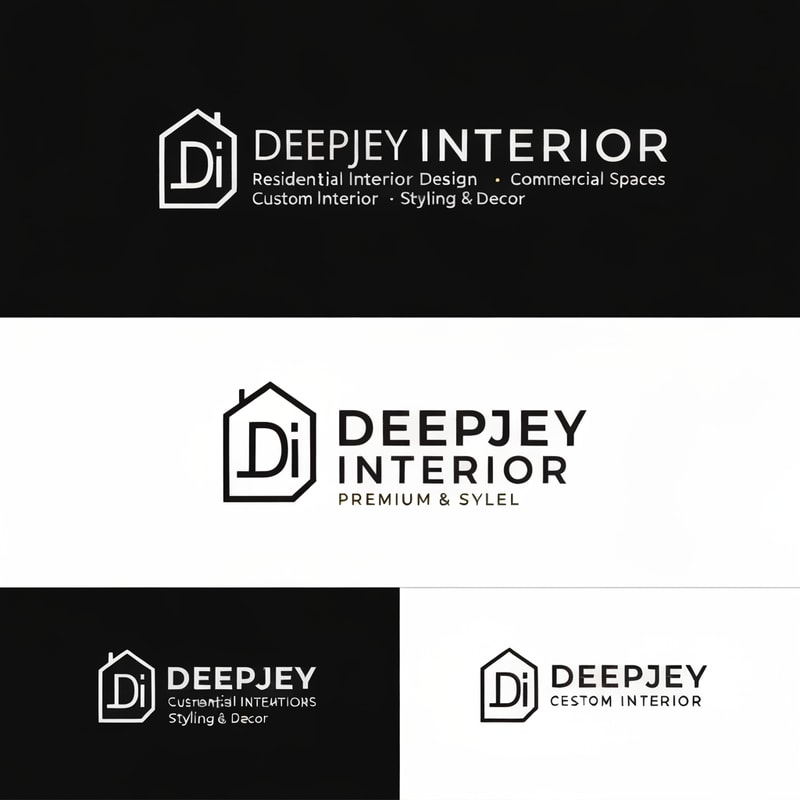 Design a premium, modern, and minimalistic logo for an interior design company named "DEEPJEY INTERIOR".

The company specializes in:
- Residential Interior Design
- Commercial Spaces
- Custom Interior Solutions
- Styling & Decor

Logo Style Requirements:
- Follow a clean, minimal, and professional style inspired by top interior brands like HomeLane, Livspace, Design Cafe, and Houzz
- Use a modern sans-serif font with a sleek, elegant feel
- The logo should be primarily text-based with a subtle, meaningful icon

Icon Concept Ideas (integrate subtly, not overly complex):
- Abstract house or room structure
- Geometric layout (floor plan / grid concept)
- Interior elements like sofa, wall frame, or modular space
- Letter-based icon using "D" or "DI" shaped like a space or structure

Design Feel:
- Premium, trustworthy, and sophisticated
- Should appeal to both middle-class and high-end clients
- Balanced between corporate and creative

Color Palette:
- Primary: Black / Dark Grey / Deep Blue (for professionalism)
- Accent: Gold / Beige / Warm Wood tone (for luxury feel)
- Optional: White background for clean presentation

Layout Variations:
- Horizontal logo (icon + text)
- Stacked version (icon above text)
- Monogram version (DI or DJ symbol)

Typography:
- Clean, modern, slightly bold sans-serif
- High readability, elegant spacing
- Avoid overly decorative fonts

Additional Guidelines:
- Keep the design simple and scalable (usable for website, mobile, visiting cards, and hoardings)
- Avoid clutter, gradients, or overly complex illustrations
- Focus on negative space and geometric balance

Mood Keywords:
Modern, Elegant, Minimal, Architectural, Spatial, Premium, Clean, Smart Design

Deliverables:
- Logo with icon + text
- Icon-only version
- Black & white version
- Transparent background version