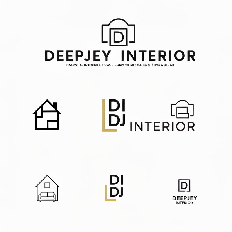 Design a premium, modern, and minimalistic logo for an interior design company named "DEEPJEY INTERIOR".

The company specializes in:
- Residential Interior Design
- Commercial Spaces
- Custom Interior Solutions
- Styling & Decor

Reference Brand Inspiration:
Take inspiration from the logo styles and branding of leading interior platforms such as:
- HomeLane (clean, bold, minimal typography)
- Livspace (modern, rounded, friendly yet professional look)
- Design Cafe (simple, geometric, structured design feel)
- Houzz (strong, recognizable, minimal icon-based branding)
- Wooden Street (combination of furniture + interior identity)

Logo Style Requirements:
- Clean, minimal, and professional design
- Strong brand identity with a modern architectural feel
- Primarily text-based logo with a subtle icon
- Balanced between creativity and corporate professionalism

Icon Concept Ideas (keep it simple and meaningful):
- Abstract house / room structure
- Floor plan or grid-based geometric layout
- Interior elements (sofa, wall frame, modular shapes)
- Monogram-based icon using "D", "DI", or "DJ" integrated into spatial design
- Use negative space creatively to represent interiors or rooms

Design Feel:
- Premium, elegant, and trustworthy
- Modern architectural and spatial design vibe
- Suitable for both high-end and mid-range clients
- Clean and visually balanced (not flashy or cluttered)

Color Palette:
- Primary: Black, Dark Grey, or Deep Blue
- Accent: Gold, Beige, or warm wood tones
- Optional: White background for clean presentation

Typography:
- Modern sans-serif font
- Slightly bold, clean, and highly readable
- Well-spaced letters for a premium feel
- Avoid decorative or script fonts

Layout Variations:
- Horizontal (icon + text)
- Vertical (icon above text)
- Monogram version (DI or DJ symbol only)

Additional Guidelines:
- Minimalistic and scalable design
- Works across website, mobile, social media, visiting cards, and hoardings
- Avoid gradients, overly complex shapes, or excessive details
- Focus on geometric balance and negative space

Mood Keywords:
Modern, Minimal, Elegant, Architectural, Spatial, Premium, Clean, Smart, Structured Design

Deliverables:
- Full logo (icon + text)
- Icon-only version
- Black & white version
- Transparent background version