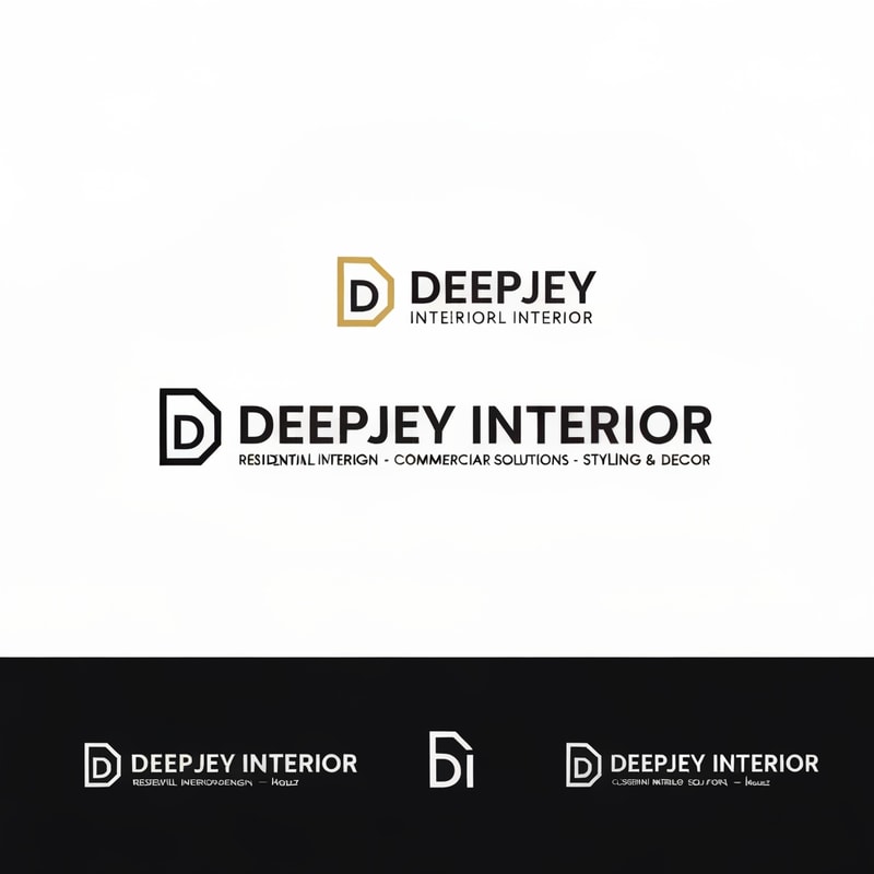Design a premium, modern, and minimalistic logo for an interior design company named "DEEPJEY INTERIOR".

The company specializes in:
- Residential Interior Design
- Commercial Spaces
- Custom Interior Solutions
- Styling & Decor

Logo Style Requirements:
- Follow a clean, minimal, and professional style inspired by top interior brands like HomeLane, Livspace, Design Cafe, and Houzz
- Use a modern sans-serif font with a sleek, elegant feel
- The logo should be primarily text-based with a subtle, meaningful icon

Icon Concept Ideas (integrate subtly, not overly complex):
- Abstract house or room structure
- Geometric layout (floor plan / grid concept)
- Interior elements like sofa, wall frame, or modular space
- Letter-based icon using "D" or "DI" shaped like a space or structure

Design Feel:
- Premium, trustworthy, and sophisticated
- Should appeal to both middle-class and high-end clients
- Balanced between corporate and creative

Color Palette:
- Primary: Black / Dark Grey / Deep Blue (for professionalism)
- Accent: Gold / Beige / Warm Wood tone (for luxury feel)
- Optional: White background for clean presentation

Layout Variations:
- Horizontal logo (icon + text)
- Stacked version (icon above text)
- Monogram version (DI or DJ symbol)

Typography:
- Clean, modern, slightly bold sans-serif
- High readability, elegant spacing
- Avoid overly decorative fonts

Additional Guidelines:
- Keep the design simple and scalable (usable for website, mobile, visiting cards, and hoardings)
- Avoid clutter, gradients, or overly complex illustrations
- Focus on negative space and geometric balance

Mood Keywords:
Modern, Elegant, Minimal, Architectural, Spatial, Premium, Clean, Smart Design

Deliverables:
- Logo with icon + text
- Icon-only version
- Black & white version
- Transparent background version
