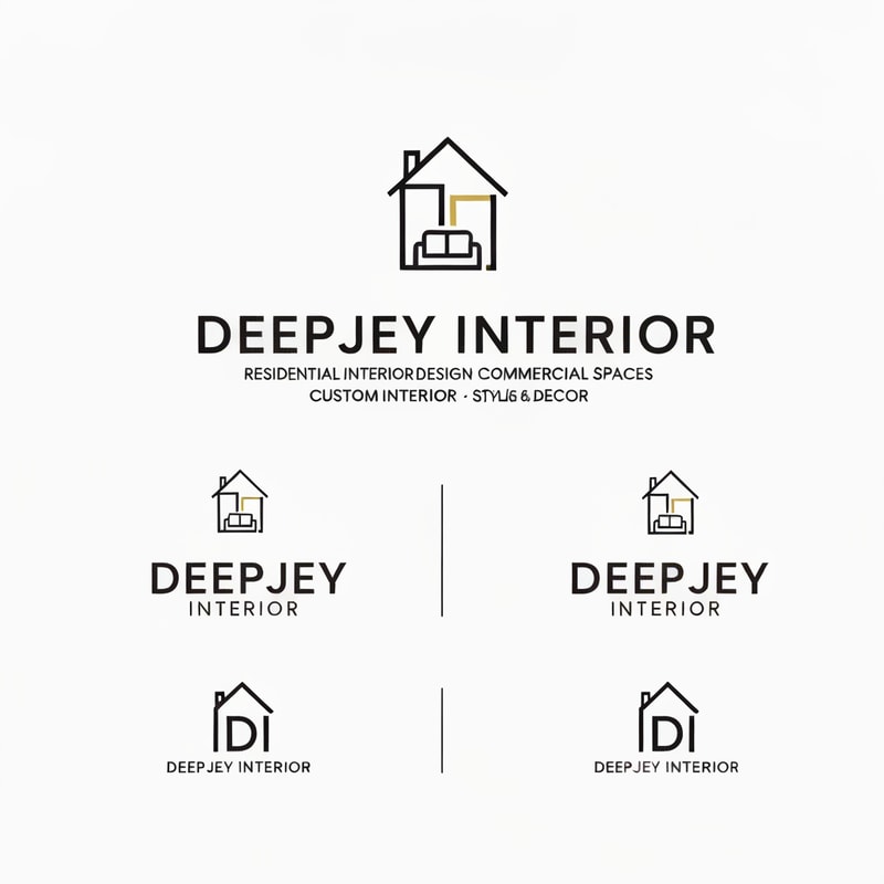 Design a premium, modern, and minimalistic logo for an interior design company named "DEEPJEY INTERIOR".

The company specializes in:
- Residential Interior Design
- Commercial Spaces
- Custom Interior Solutions
- Styling & Decor

Logo Style Requirements:
- Follow a clean, minimal, and professional style inspired by top interior brands like HomeLane, Livspace, Design Cafe, and Houzz
- Use a modern sans-serif font with a sleek, elegant feel
- The logo should be primarily text-based with a subtle, meaningful icon

Icon Concept Ideas (integrate subtly, not overly complex):
- Abstract house or room structure
- Geometric layout (floor plan / grid concept)
- Interior elements like sofa, wall frame, or modular space
- Letter-based icon using "D" or "DI" shaped like a space or structure

Design Feel:
- Premium, trustworthy, and sophisticated
- Should appeal to both middle-class and high-end clients
- Balanced between corporate and creative

Color Palette:
- Primary: Black / Dark Grey / Deep Blue (for professionalism)
- Accent: Gold / Beige / Warm Wood tone (for luxury feel)
- Optional: White background for clean presentation

Layout Variations:
- Horizontal logo (icon + text)
- Stacked version (icon above text)
- Monogram version (DI or DJ symbol)

Typography:
- Clean, modern, slightly bold sans-serif
- High readability, elegant spacing
- Avoid overly decorative fonts

Additional Guidelines:
- Keep the design simple and scalable (usable for website, mobile, visiting cards, and hoardings)
- Avoid clutter, gradients, or overly complex illustrations
- Focus on negative space and geometric balance

Mood Keywords:
Modern, Elegant, Minimal, Architectural, Spatial, Premium, Clean, Smart Design

Deliverables:
- Logo with icon + text
- Icon-only version
- Black & white version
- Transparent background version