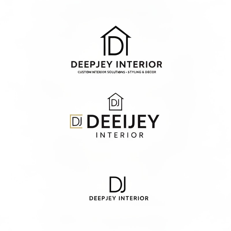 Design a premium, modern, and minimalistic logo for an interior design company named "DEEPJEY INTERIOR".

The company specializes in:
- Residential Interior Design
- Commercial Spaces
- Custom Interior Solutions
- Styling & Decor

Reference Brand Inspiration:
Take inspiration from the logo styles and branding of leading interior platforms such as:
- HomeLane (clean, bold, minimal typography)
- Livspace (modern, rounded, friendly yet professional look)
- Design Cafe (simple, geometric, structured design feel)
- Houzz (strong, recognizable, minimal icon-based branding)
- Wooden Street (combination of furniture + interior identity)

Logo Style Requirements:
- Clean, minimal, and professional design
- Strong brand identity with a modern architectural feel
- Primarily text-based logo with a subtle icon
- Balanced between creativity and corporate professionalism

Icon Concept Ideas (keep it simple and meaningful):
- Abstract house / room structure
- Floor plan or grid-based geometric layout
- Interior elements (sofa, wall frame, modular shapes)
- Monogram-based icon using "D", "DI", or "DJ" integrated into spatial design
- Use negative space creatively to represent interiors or rooms

Design Feel:
- Premium, elegant, and trustworthy
- Modern architectural and spatial design vibe
- Suitable for both high-end and mid-range clients
- Clean and visually balanced (not flashy or cluttered)

Color Palette:
- Primary: Black, Dark Grey, or Deep Blue
- Accent: Gold, Beige, or warm wood tones
- Optional: White background for clean presentation

Typography:
- Modern sans-serif font
- Slightly bold, clean, and highly readable
- Well-spaced letters for a premium feel
- Avoid decorative or script fonts

Layout Variations:
- Horizontal (icon + text)
- Vertical (icon above text)
- Monogram version (DI or DJ symbol only)

Additional Guidelines:
- Minimalistic and scalable design
- Works across website, mobile, social media, visiting cards, and hoardings
- Avoid gradients, overly complex shapes, or excessive details
- Focus on geometric balance and negative space

Mood Keywords:
Modern, Minimal, Elegant, Architectural, Spatial, Premium, Clean, Smart, Structured Design

Deliverables:
- Full logo (icon + text)
- Icon-only version
- Black & white version
- Transparent background version
