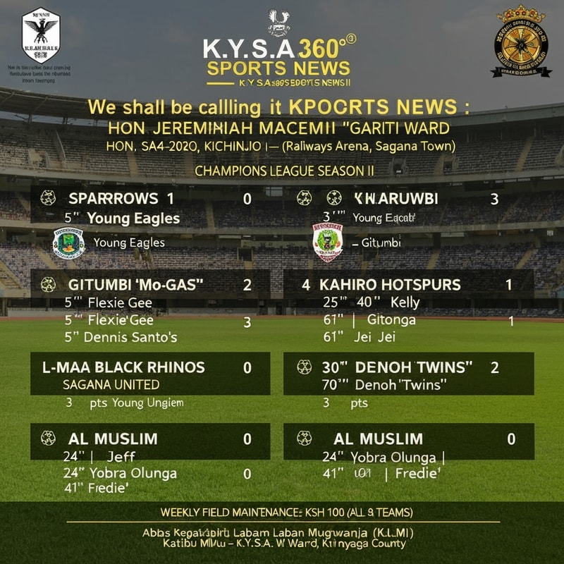 Generate a polished professional poster based on the data input below. Ensure it appeals to both elite and local consumers and leave space on the side where I can place a picture. Ensure that you get the final scores correct; 
K.Y.S.A.™®360o SPORTS NEWS :-

We shall be calling it K.Y.S.A 360o SPORTS NEWS :-
HON. JEREMIAH MAKIMI "GACEMBE" – KARITI WARD CHAMPIONS LEAGUE SEASON II
 19-04-2026 | ️ SAN SIRO, KICHINJIO (Railways Arena, Sagana Town)

━━━━━━━━━━━━━━━━━━━━━━━━
⚽ MATCH 1
SPARROWS 0    YOUNG EAGLES 3
5" Flexie' Gee  |  56",78" Dennis Santo's
✅ 3 pts: Young Eagles

⚽ MATCH 2
GITUMBI "Mo-GAS" 4    KAHIRO HOTSPURS 1
25",61" Kelly | 40" Gitonga | 61" Jei Jei  |  65" Gerald
✅ 3 pts: Gitumbi

⚽ MATCH 3
L-MAA BLACK RHINOS 0    SAGANA UNITED 2
30" Jeff  |  70" Denoh "Twins"
✅ 3 pts: Sagana United

⚽ MATCH 4
AL MUSLIM 2    NANGA SPITFIRE 0
24" Yobra Olunga  |  41" Fredie'
✅ 3 pts: Al Muslim
━━━━━━━━━━━━━━━━━━━━━━━━

⚠️ WEEKLY FIELD MAINTENANCE: KSH 100 (ALL 8 TEAMS)

Kind Regards,
Abbas Kabirû Laban Mugwanja (K.L.M)
Katibu Mkuu – K.Y.S.A., Kariti Ward, Kirinyaga County
```

---