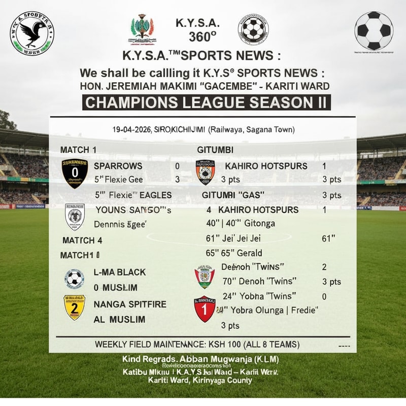 Generate a polished professional poster based on the data input below. Ensure it appeals to both elite and local consumers and leave space on the side where I can place a picture. Ensure that you get the final scores correct; 
K.Y.S.A.™®360o SPORTS NEWS :-

We shall be calling it K.Y.S.A 360o SPORTS NEWS :-
HON. JEREMIAH MAKIMI "GACEMBE" – KARITI WARD CHAMPIONS LEAGUE SEASON II
 19-04-2026 | ️ SAN SIRO, KICHINJIO (Railways Arena, Sagana Town)

━━━━━━━━━━━━━━━━━━━━━━━━
⚽ MATCH 1
SPARROWS 0    YOUNG EAGLES 3
5" Flexie' Gee  |  56",78" Dennis Santo's
✅ 3 pts: Young Eagles

⚽ MATCH 2
GITUMBI "Mo-GAS" 4    KAHIRO HOTSPURS 1
25",61" Kelly | 40" Gitonga | 61" Jei Jei  |  65" Gerald
✅ 3 pts: Gitumbi

⚽ MATCH 3
L-MAA BLACK RHINOS 0    SAGANA UNITED 2
30" Jeff  |  70" Denoh "Twins"
✅ 3 pts: Sagana United

⚽ MATCH 4
AL MUSLIM 2    NANGA SPITFIRE 0
24" Yobra Olunga  |  41" Fredie'
✅ 3 pts: Al Muslim
━━━━━━━━━━━━━━━━━━━━━━━━

⚠️ WEEKLY FIELD MAINTENANCE: KSH 100 (ALL 8 TEAMS)

Kind Regards,
Abbas Kabirû Laban Mugwanja (K.L.M)
Katibu Mkuu – K.Y.S.A., Kariti Ward, Kirinyaga County
```

---