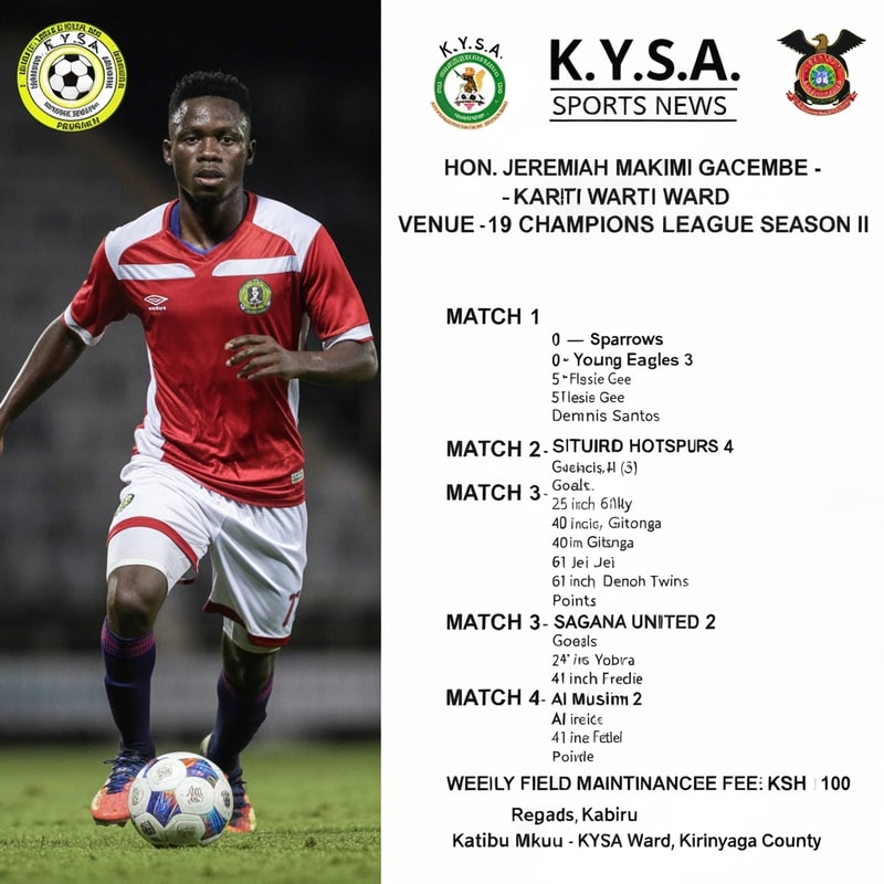 Generate a polished, professional poster based on the data input below. Make it appealing to both elite and local consumers and leave considerable space on the side to place an image;K.Y.S.A. 360 SPORTS NEWS
Event: HON. JEREMIAH MAKIMI GACEMBE - KARITI WARD CHAMPIONS LEAGUE SEASON II
Date: 2026-04-19
Venue: SAN SIRO, KICHINJIO (Railways Arena, Sagana Town)

MATCH 1
Sparrows 0 - Young Eagles 3
Goals: 5 inch Flexie Gee; 56 inch, 78 inch Dennis Santos
Points: Young Eagles (3)

MATCH 2
Gitumbi Mo-GAS 4 - Kahiro Hotspurs 1
Goals: 25 inch, 61 inch Kelly; 40 inch Gitonga; 61 inch Jei Jei; 65 inch Gerald
Points: Gitumbi (3)

MATCH 3
L-Maa Black Rhinos 0 - Sagana United 2
Goals: 30 inch Jeff; 70 inch Denoh Twins
Points: Sagana United (3)

MATCH 4
Al Muslim 2 - Nanga Spitfire 0
Goals: 24 inch Yobra Olunga; 41 inch Fredie
Points: Al Muslim (3)

WEEKLY FIELD MAINTENANCE FEE: KSH 100 (for all 8 teams)

Regards,
Abbas Kabiru Laban Mugwanja (KLM)
Katibu Mkuu - KYSA, Kariti Ward, Kirinyaga County
```