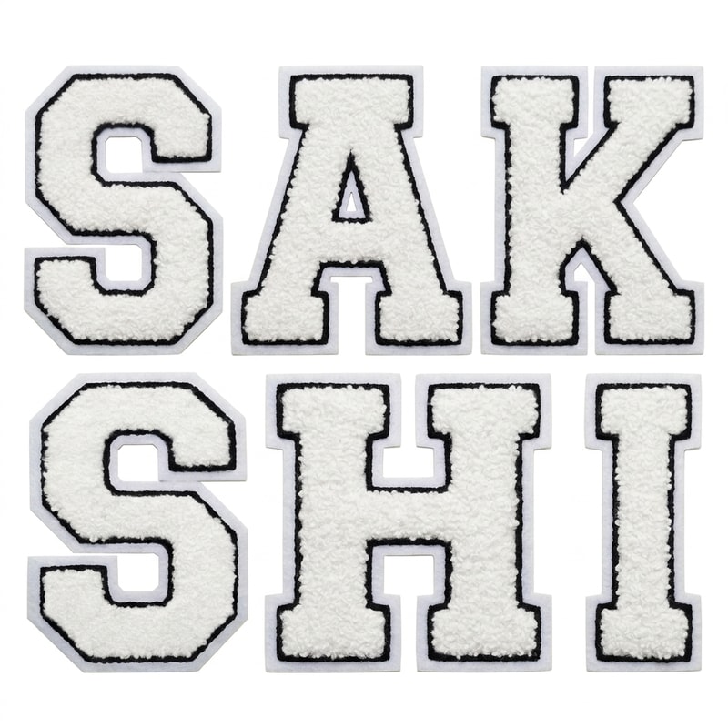 i need u to generate the same for the word SAKSHI
in this font n wool type patch
keep the font type the same as the image provided
white font color
wid 2 consecutive borders
with black inside borderline
and white outside borderline