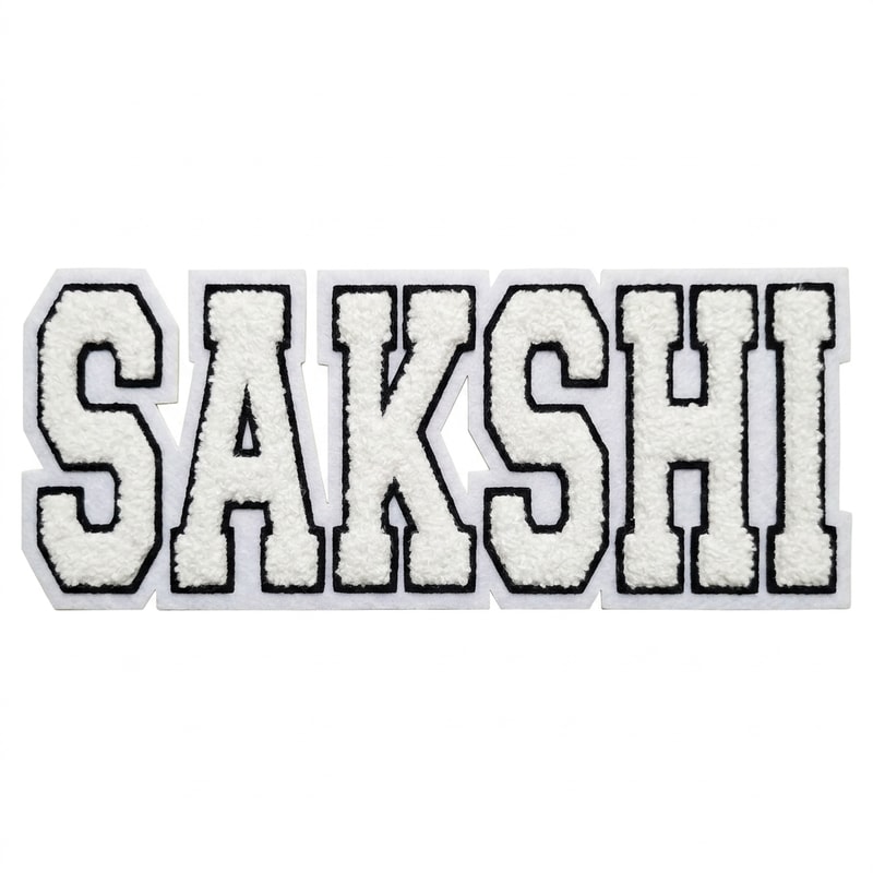 i need u to generate the same for the word SAKSHI
in this font n wool type patch
the whole word in a single like
keep the font type the same as the image provided
white font color
wid 2 consecutive borders
with black inside borderline
and white outside borderline
