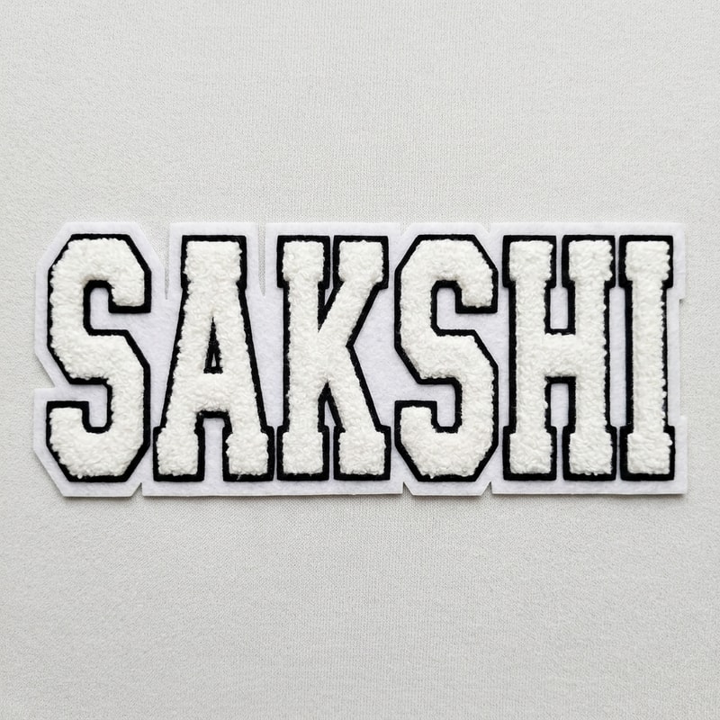 i need u to generate the same for the word SAKSHI
in this font n wool type patch
the whole word in a single like
keep the font type the same as the image provided
white font color
wid 2 consecutive borders
with black inside borderline
and white outside borderline
