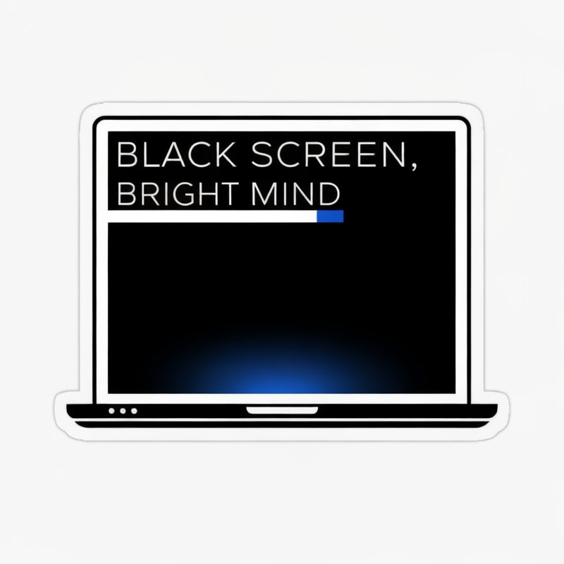 Minimal aesthetic coding sticker design with the text "Black Screen, Bright Mind". Dark mode inspired design, sleek black laptop outline with subtle glowing screen, Clean typography, modern sans serif font, minimal layout, die-cut sticker style, black white and electric blue color palette, trendy coder aesthetic, uncluttered design.