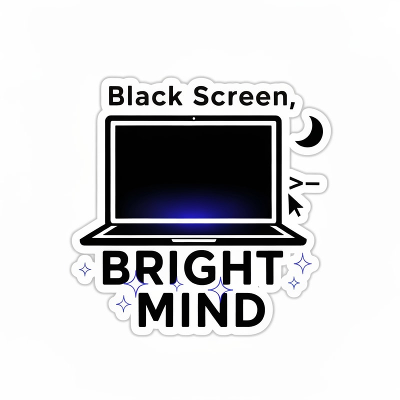 Minimal aesthetic coding sticker design with the text "Black Screen, Bright Mind". Dark mode inspired design, sleek black laptop outline with subtle glowing screen, tiny terminal cursor >_ near the laptop, soft white/blue sparkles around the words "Bright Mind", small crescent moon in one corner for late-night coding vibe. Clean typography, modern sans serif font, minimal layout, die-cut sticker style, black white and electric blue color palette, trendy coder aesthetic, uncluttered design.