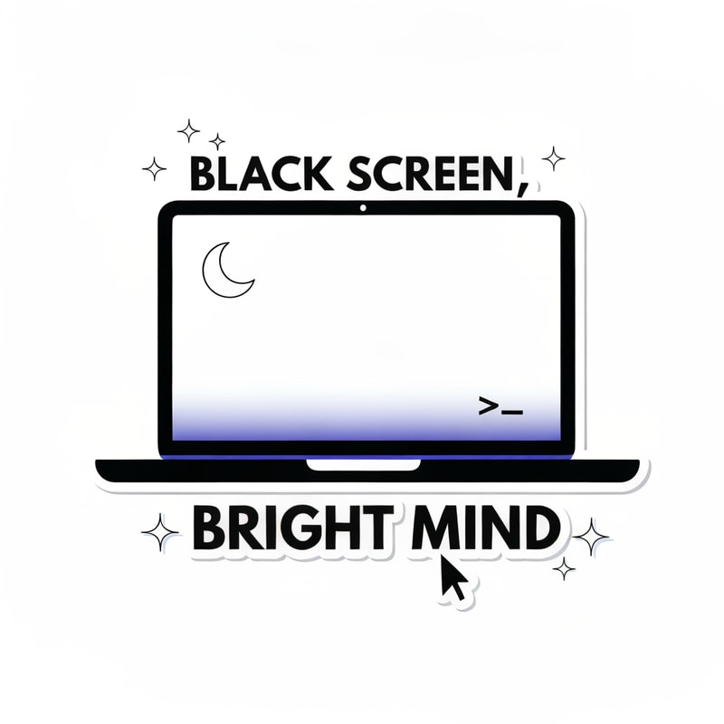 Minimal aesthetic coding sticker design with the text "Black Screen, Bright Mind". Dark mode inspired design, sleek black laptop outline with subtle glowing screen, tiny terminal cursor >_ near the laptop, soft white/blue sparkles around the words "Bright Mind", small crescent moon in one corner for late-night coding vibe. Clean typography, modern sans serif font, minimal layout, die-cut sticker style, black white and electric blue color palette, trendy coder aesthetic, uncluttered design.