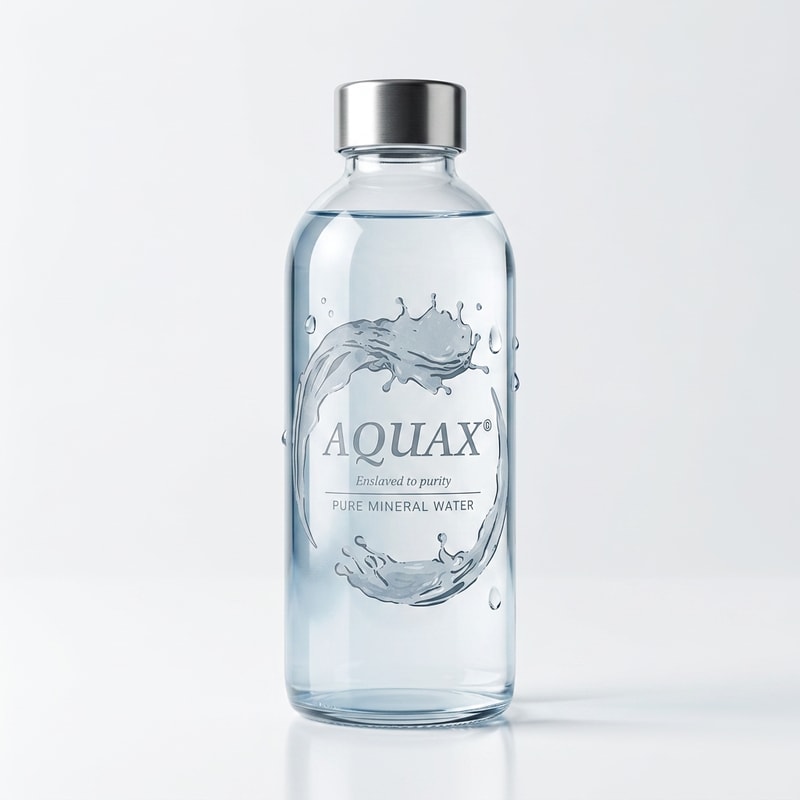 "A minimalist, high-end studio product photography shot of a sleek glass water bottle with the AQUAX logo etched on the front, soft natural lighting, elegant aesthetic, clean white background."