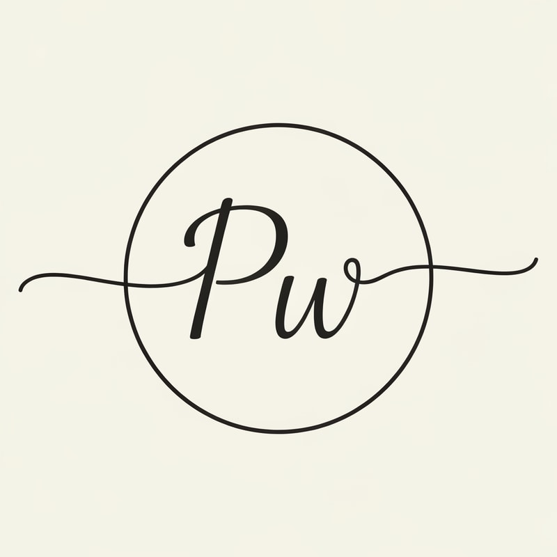 PW, script text, put in circle, interconnect letters with circle