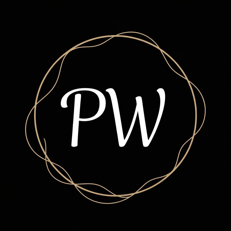 PW, script text, put in circle, interconnect letters with circle
