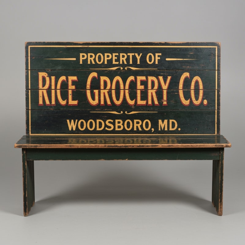 A vintage wooden bench designed as an old general store advertising sign, perfectly front-facing (orthographic view, no perspective distortion). The bench looks symmetrical and centered. The top panel is clearly visible like a flat sign. Hand-painted vintage typography reads: “PROPERTY OF” (small, top), “RICE GROCERY CO.” (large, bold centerpiece in warm yellow/orange with red shading), and “WOODSBORO, MD.” (smaller below). The wood is aged and slightly worn with visible grain and distressed paint. Colors include dark green, black, and rustic tones. The bench legs are simple and visible beneath. Studio lighting, neutral background, highly detailed, realistic texture, no angle, straight-on view.
A vintage wooden bench designed like an old general store advertising sign, viewed straight from the front (perfect frontal view, no perspective distortion). The top surface is flat and clearly visible like a signboard. It has hand-painted, slightly worn lettering in a classic 19th-century style. The main text reads “Rice Grocery Co.” in large, bold, warm yellow and red lettering. Above it in smaller text: “Property of”. Below it: “Woodsboro, MD.” The wood is aged, slightly weathered with visible grain and subtle paint wear. Colors are dark green, black, and rustic tones. The bench has simple wooden legs visible underneath. Lighting is soft and natural, background neutral and unobtrusive.