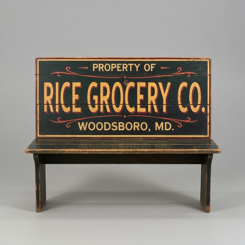 A vintage wooden bench designed as an old general store advertising sign, perfectly front-facing (orthographic view, no perspective distortion). The bench looks symmetrical and centered. The top panel is clearly visible like a flat sign. Hand-painted vintage typography reads: “PROPERTY OF” (small, top), “RICE GROCERY CO.” (large, bold centerpiece in warm yellow/orange with red shading), and “WOODSBORO, MD.” (smaller below). The wood is aged and slightly worn with visible grain and distressed paint. Colors include dark green, black, and rustic tones. The bench legs are simple and visible beneath. Studio lighting, neutral background, highly detailed, realistic texture, no angle, straight-on view. 


A vintage wooden bench designed like an old general store advertising sign, viewed straight from the front (perfect frontal view, no perspective distortion). The top surface is flat and clearly visible like a signboard. It has hand-painted, slightly worn lettering in a classic 19th-century style. The main text reads “Rice Grocery Co.” in large, bold, warm yellow and red lettering. Above it in smaller text: “Property of”. Below it: “Woodsboro, MD.” The wood is aged, slightly weathered with visible grain and subtle paint wear. Colors are dark green, black, and rustic tones. The bench has simple wooden legs visible underneath. Lighting is soft and natural, background neutral and unobtrusive.
