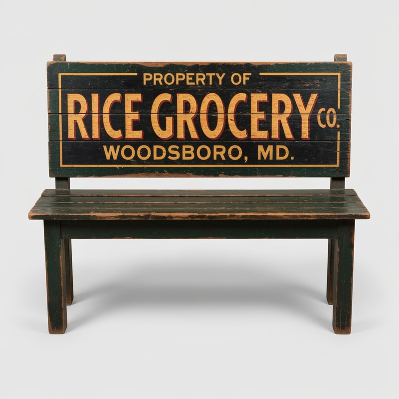A vintage wooden bench designed as an old general store advertising sign, perfectly front-facing (orthographic view, no perspective distortion). The bench looks symmetrical and centered. The top panel is clearly visible like a flat sign. Hand-painted vintage typography reads: “PROPERTY OF” (small, top), “RICE GROCERY CO.” (large, bold centerpiece in warm yellow/orange with red shading), and “WOODSBORO, MD.” (smaller below). The wood is aged and slightly worn with visible grain and distressed paint. Colors include dark green, black, and rustic tones. The bench legs are simple and visible beneath. Studio lighting, neutral background, highly detailed, realistic texture, no angle, straight-on view.