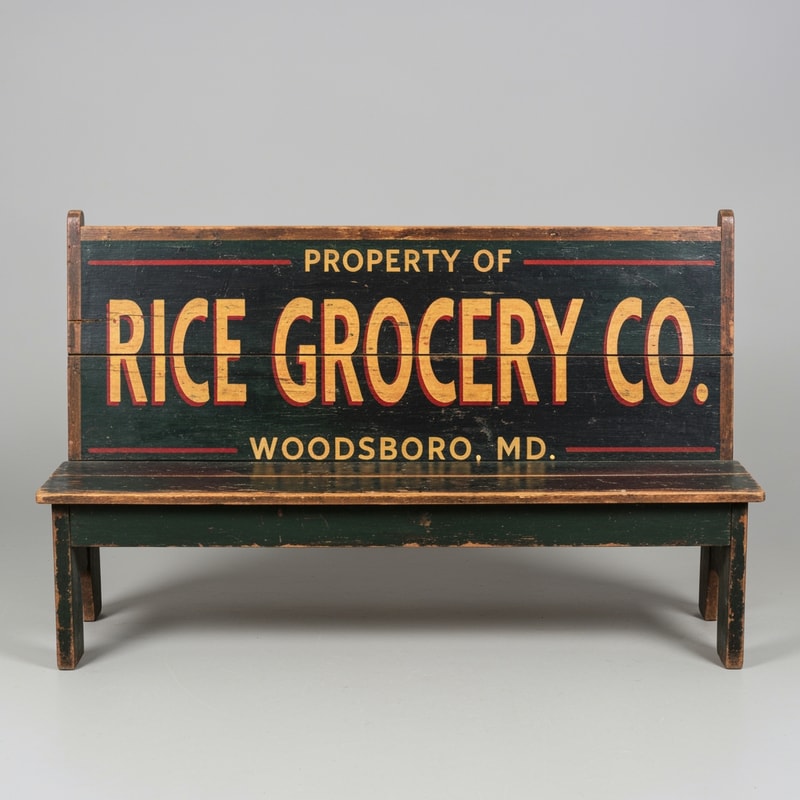 A vintage wooden bench designed as an old general store advertising sign, perfectly front-facing (orthographic view, no perspective distortion). The bench looks symmetrical and centered. The top panel is clearly visible like a flat sign. Hand-painted vintage typography reads: “PROPERTY OF” (small, top), “RICE GROCERY CO.” (large, bold centerpiece in warm yellow/orange with red shading), and “WOODSBORO, MD.” (smaller below). The wood is aged and slightly worn with visible grain and distressed paint. Colors include dark green, black, and rustic tones. The bench legs are simple and visible beneath. Studio lighting, neutral background, highly detailed, realistic texture, no angle, straight-on view.