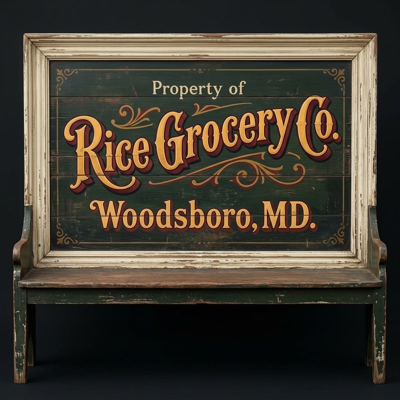 A vintage wooden bench designed like an old general store advertising sign, viewed straight from the front (perfect frontal view, no perspective distortion). The top surface is flat and clearly visible like a signboard. It has hand-painted, slightly worn lettering in a classic 19th-century style. The main text reads “Rice Grocery Co.” in large, bold, warm yellow and red lettering. Above it in smaller text: “Property of”. Below it: “Woodsboro, MD.” The wood is aged, slightly weathered with visible grain and subtle paint wear. Colors are dark green, black, and rustic tones. The bench has simple wooden legs visible underneath. Lighting is soft and natural, background neutral and unobtrusive.