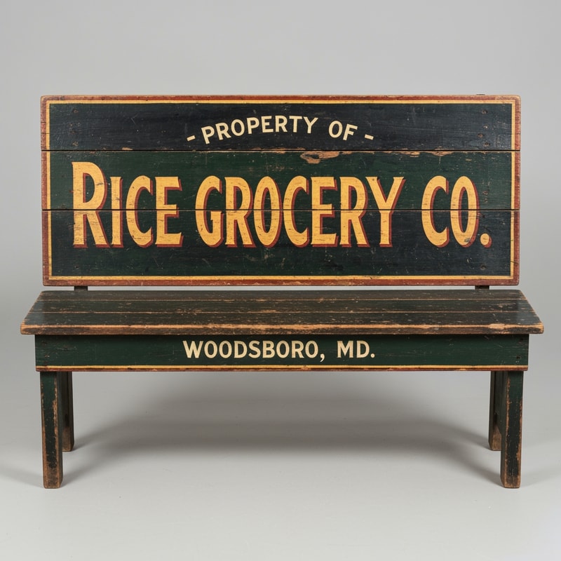 A vintage wooden bench designed as an old general store advertising sign, perfectly front-facing (orthographic view, no perspective distortion). The bench looks symmetrical and centered. The top panel is clearly visible like a flat sign. Hand-painted vintage typography reads: “PROPERTY OF” (small, top), “RICE GROCERY CO.” (large, bold centerpiece in warm yellow/orange with red shading), and “WOODSBORO, MD.” (smaller below). The wood is aged and slightly worn with visible grain and distressed paint. Colors include dark green, black, and rustic tones. The bench legs are simple and visible beneath. Studio lighting, neutral background, highly detailed, realistic texture, no angle, straight-on view.