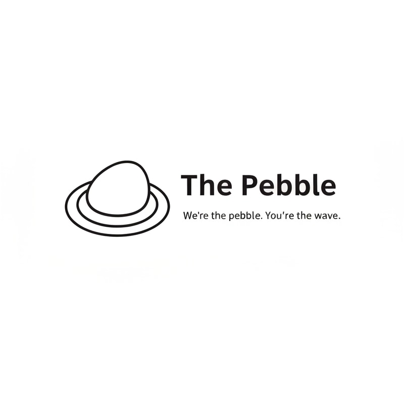 Minimalist logo for a web & AI agency called "The Pebble". Icon: a smooth oval/pebble shape with 2-3 concentric elliptical ripple rings around it, like a stone dropped in water. Black and white only. Clean, modern, flat design. No gradients. Wordmark "The Pebble" in a sleek sans-serif font next to the icon. Tagline below: "We're the pebble. You're the wave." Minimal whitespace, professional agency feel. be a little spontaneous