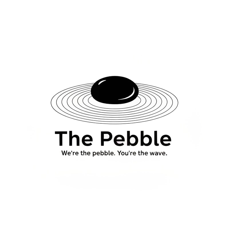 Minimal logo for "The Pebble" — a single smooth dark pebble stone, slightly asymmetric like a real river stone, casting ultra-thin concentric ripple rings that fade outward. Black on white. No text in the icon. Negative space plays a role. The pebble itself is solid black, ripples are hairline thin. Almost Japanese ink-art feeling — quiet, precise, intentional. Sans-serif wordmark "The Pebble" in thin weight, wide letter-spacing. Tagline in tiny caps: "We're the pebble. You're the wave."